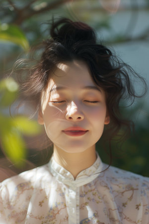 A young Asian woman in sheer blouse, eyes closed, basking in the golden sunlight. Serene Young Asian Woman Enjoying Sunlightの素材