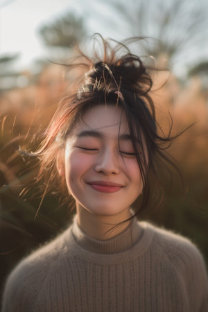 A beaming Asian woman stands among tall reeds pampas grass, with a soft focus on autumnal hues. Close up portrait of Blissful Young Woman Amidst Autumn Reedsの素材