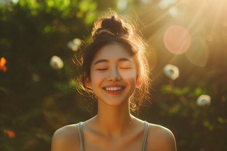 Close-up portrait of a young Asian womans face, sunlit with a gentle smile. Nature beauty. Concept of naivety and purityの素材