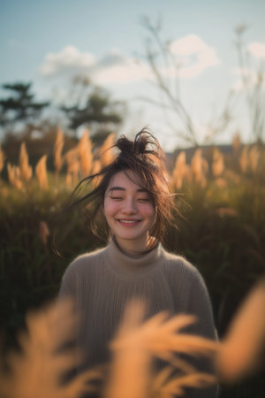A beaming Asian woman stands among tall reeds pampas grass, with a soft focus on autumnal hues. Close up portrait of Blissful Young Woman Amidst Autumn Reedsの素材