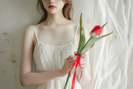Faceless portrait. Delicate hands holding a vibrant tulip tied with a red ribbon against a soft white dress. Gentle minimalismの素材