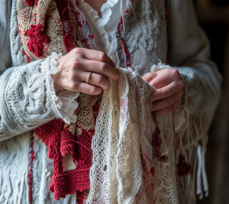 Detailed view of a woman's hands adjusting a knitwear garment with traditional patterns. Traditional Dress and Knitwear Close-upの素材