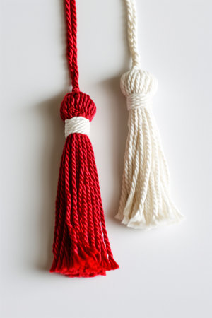 Red and white Martisor, Martenitsa tassel symbolizing springs arrival on white isolated background. Traditional Moldavian, Romanian, Bulgarian 1 Marchの素材