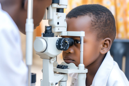 Young African Boy Having an Eye Exam at Optometrist Office. A small child undergoes eye diagnostics at the Ophthalmologistの素材
