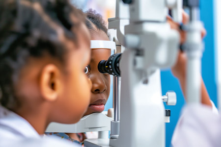 Young African Girl Receiving Vision Test at Optometry Clinic. A small child undergoes eye diagnostics at the Ophthalmologistの素材