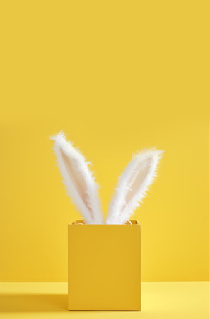 Easter Celebration Concept with Fluffy Bunny Ears in a Sunny Yellow Box on isolated background. Copy space. Postcard festiveの素材