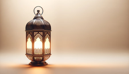 Elegant Traditional Lantern Casting Soft Glow on a Plain Background for Ramadan. Ramadan Serenity Lantern. Copy space, mock upの素材