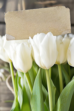 White Tulips Arrangement with Blank Card on Textured Backdrop. Elegant white tulips surrounding a copy space, mock up. Spring, Easter postcard. Mothers Dayの素材