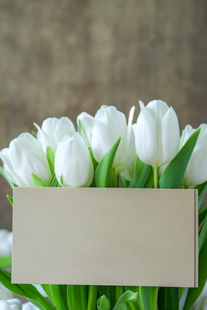 White Tulips Arrangement with Blank Card on Textured Backdrop. Elegant white tulips surrounding a copy space, mock up. Spring, Easter postcard. Mothers Dayの素材