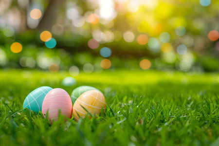 Colorful Easter Eggs Nestled in Lush Green Grass with Sunlight. Egg hunt, childrens Easter traditionの素材