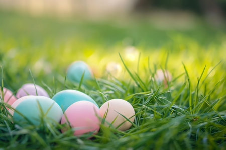 Colorful Easter Eggs Nestled in Lush Green Grass with Sunlight. Egg hunt, childrens Easter traditionの素材