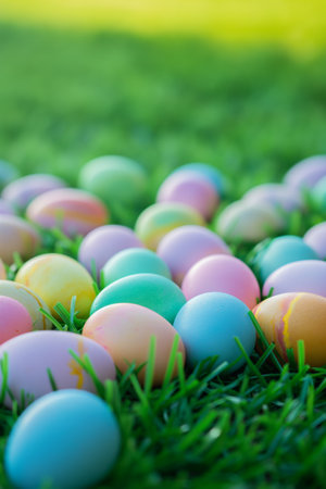 Colorful Easter Eggs Nestled in Lush Green Grass with Sunlight. Egg hunt, childrens Easter traditionの素材