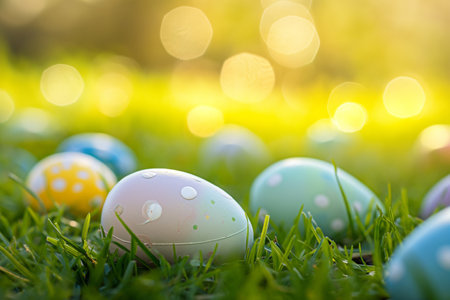 Colorful Easter Eggs Nestled in Lush Green Grass with Sunlight. Egg hunt, childrens Easter traditionの素材