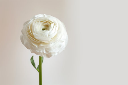 A delicate white ranunculus flower stands alone, its petals a study in elegance against a soft backdrop. Solo White Ranunculus Bloom on Pristine White Backdrop. Copy spaceの素材
