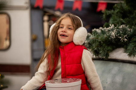 Young girl wearing earmuffs sits on a festive vintage car with a wreath, unwrapping a present. Christmas decorations and lights create a warm holiday atmosphere outdoors. Back yardの写真素材