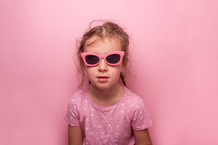 Young girl with messy hair wearing trendy pink sunglasses and a heart patterned shirt poses against a pastel pink backdrop. Concept for fun, fashion, and playful themes.の写真素材