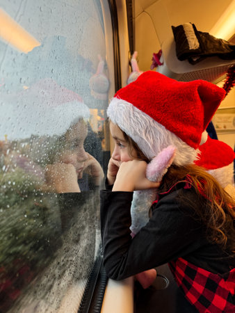 A young girl in a red Santa hat peers out of a train window on a rainy day, lost in thought. Captures the essence of holiday wonder and travel during the Christmas season.の写真素材
