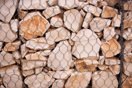 Close-up of irregularly shaped stones contained within a wire mesh structure. The rocks display natural textures and earthy tones, often used for landscaping or construction.の写真素材