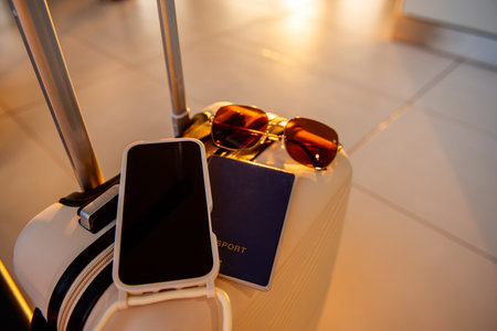 Suitcase with passport, sunglasses, and smartphone on top, suggesting a traveler is preparing for a trip and getting ready to depart for vacationの写真素材