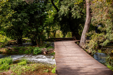 Sunlight illuminates a weathered wooden footbridge spanning over cascading river rapids amidst the lush greenery of Krka national park in Croatia, offering a serene escape into natureの写真素材