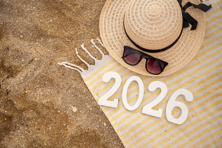 Beach towel, straw hat, and sunglasses resting on sand beside large white 2026 numbers, evoking summer vacation plans or New Year celebrations at an exotic beachの写真素材