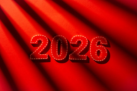 Red felt numerals for the year 2026 lie on a vibrant red background, bathed in diagonal sunlight creating strong shadows, symbolizing future dates and upcoming New year conceptsの写真素材