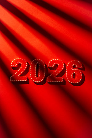 Red felt numbers forming 2026 with white stitching outlining each digit, creating a festive future concept for New year celebrations against a textured red background with dramatic light and shadowの写真素材