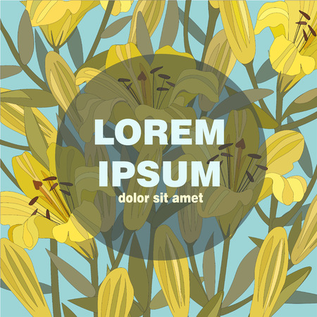 Template for wedding invitation or greeting card with floral backgound of yellow lilies and a space for text.The illustration can be used for Thank you,Birthday,Valentines or Mother's Day cards.のイラスト素材