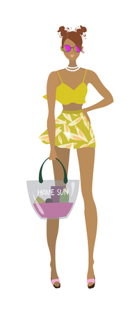 Vector illustration of a stylish fashion girl wearing trendy summer clothes.のイラスト素材