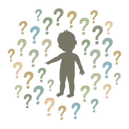 Vector silhouette of a curious child pointing at something with question marks aroundのイラスト素材