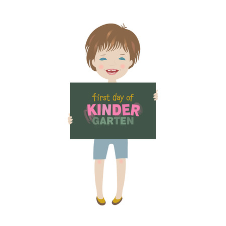 Smiling child holding first day of kindergarten poster vector backgroundのイラスト素材