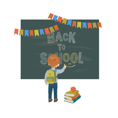 Back to school background with a chalk lettering on a blackboard and a boy drawing smileのイラスト素材