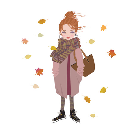 Cute cartoon girl listening to music with headphones. Trendy autumn outfitのイラスト素材