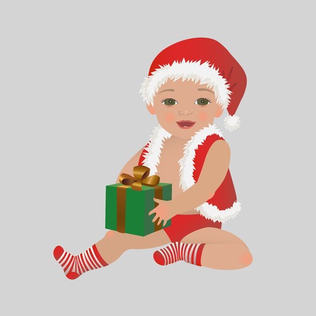 Christmas baby with gift box. Cute child in Santa Claus costume holding present on white background.のイラスト素材