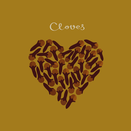Cloves spice in a heart shape on the yellow background. Isolated vector illustrationのイラスト素材
