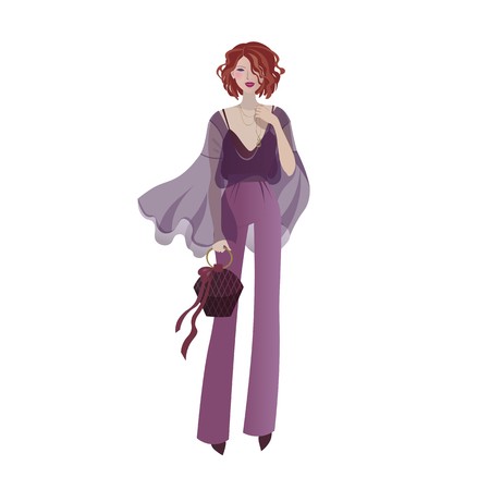 2018 fashion model in a trendy violet outfit. Fashionable girl in a transparent blouse and wide-leg pants holding a small handbag vector illustration.のイラスト素材
