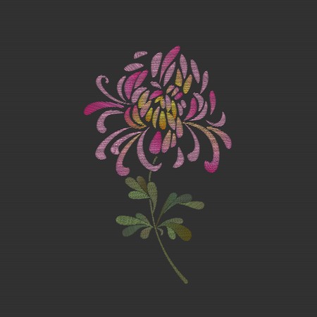 Embroidered chrysanthemum flower design. Floral embroidery decorative vector illustration with a pink chrysanthemum flower on a black background.のイラスト素材
