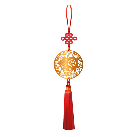 Golden Pendant with Pig and Luck Knot. Chinese New Year traditional Zodiac symbol of 2019 paper cut round design. Hieroglyph translation is Good fortune. Vector isolated illustration.のイラスト素材