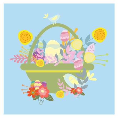 easter basket with eggs. Funny little birds in a basket, colorful eggsのイラスト素材