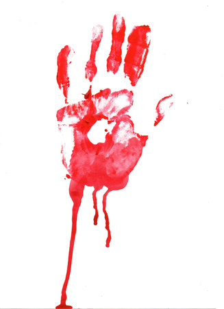 Splash of blood, bloody handprints on a white background. Concept of horror and Halloween.の写真素材