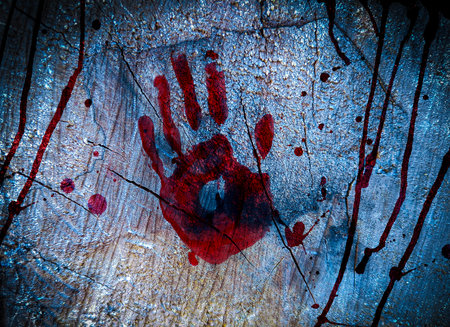 Bloody background, scary old cement wall with bloody handprints. Concept of horror and Halloweenの写真素材