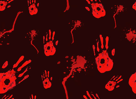 Splash of blood in the shape of a hand on black background. Seamless pattern. Concept of horror and Halloweenの写真素材