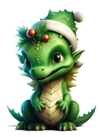 Chinese New Year of the Dragon 2024. New Year's poster with a cartoon 3d dragon on the background of a Christmas tree. Illustration of a dragon at the Christmas tree with toys.の素材