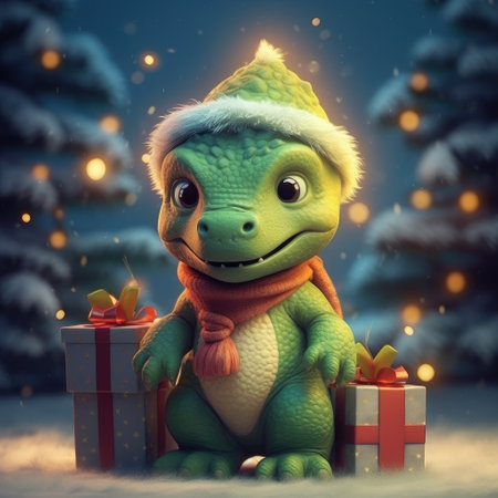 Chinese New Year of the Dragon 2024. New Year's poster with a cartoon 3d dragon on the background of a Christmas tree. Illustration of a dragon at the Christmas tree with toys.の素材
