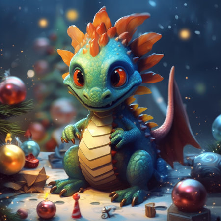 Chinese New Year of the Dragon 2024. New Year's poster with a cartoon 3d dragon on the background of a Christmas tree. Illustration of a dragon at the Christmas tree with toys.の素材
