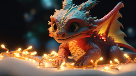 Chinese New Year of the Dragon 2024. New Year's poster with a cartoon 3d dragon on the background of a Christmas tree. Illustration of a dragon at the Christmas tree with toys.の素材