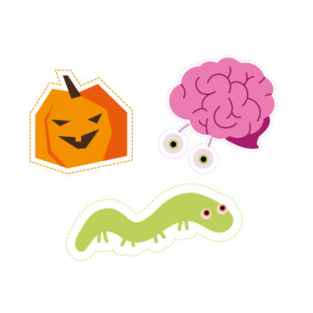 Set of stickers for Halloween. Pumpkin, worm, brain with eyes flat vector illustrationのイラスト素材