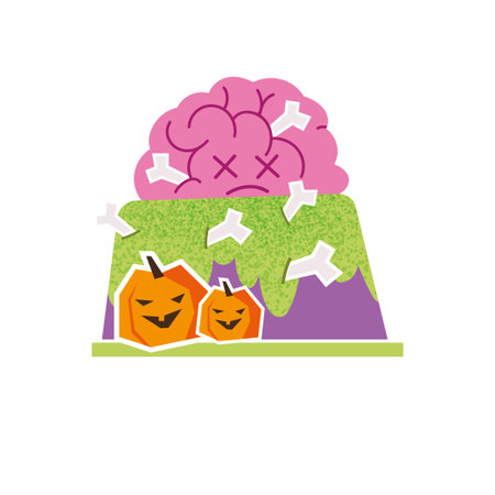 Cake decorated with brains and pumpkins. Illustration of Sweet scary treat for zombies. Scary Halloween food.のイラスト素材