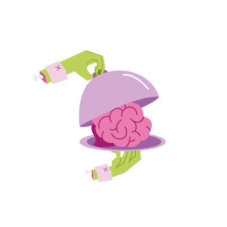 Zombie hands hold a silver dish with brains. Scary Halloween food. Illustration of scary food for zombies. Dish for Halloween, weird food.のイラスト素材