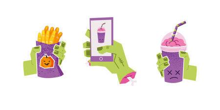 Zombie hands with cookies, phone and drink. Scary Halloween food. A set of stickers. Dish for Halloween, weird food.のイラスト素材